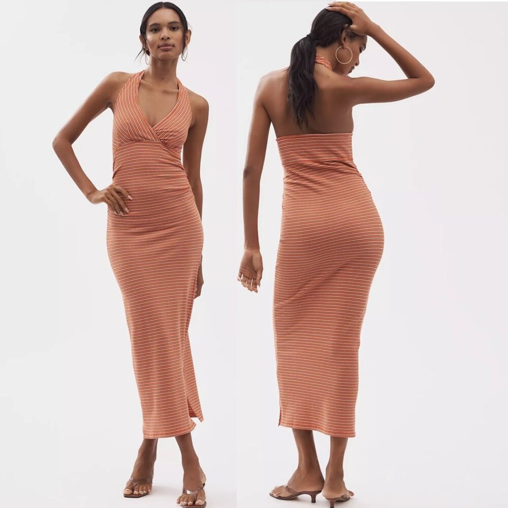 NEW Anthropologie Pilcro High Tide Halter Slim Midi Dress Orange Stripe *defect